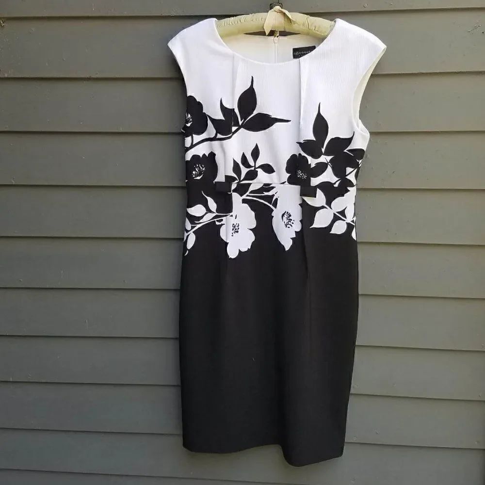 Connected Black White Floral Belted Dress size 10 - Picture 12 of 12